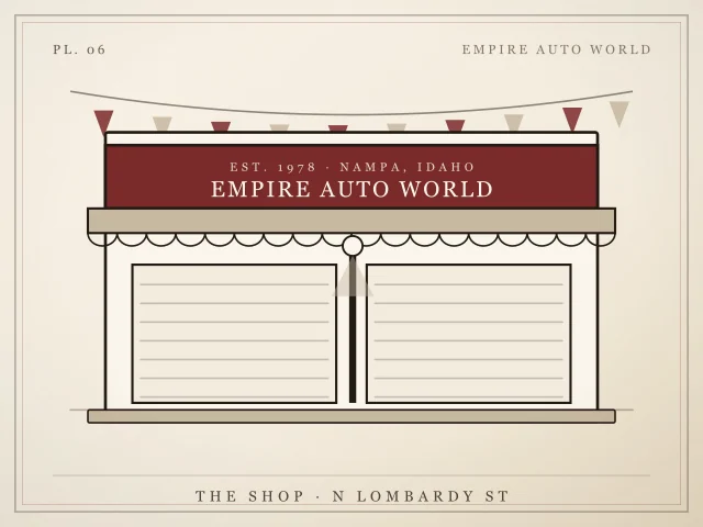 Illustration of the Example Motors garage with its sign, awning and two roll-up doors